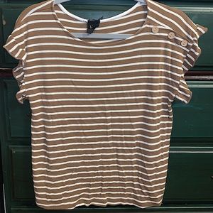 W5 Brown and White Horiz. Striped Shirt. Ruffled sleeves, three buttons on side
